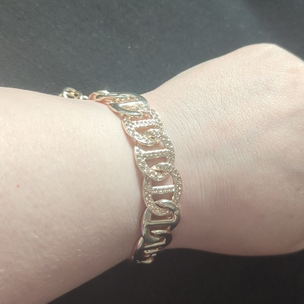 Gold Tone Clear Rhinestone Chain Link Statement Bracelet